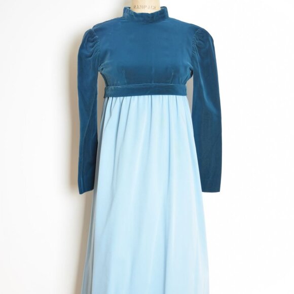 vintage 60s dress blue satin velvet Juliet babydoll empire regency puff maxi XS - Picture 2 of 8